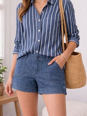LOFT Outlet Chambray Cotton Shorts Size 6 Blue Cuffed Summer Casual
